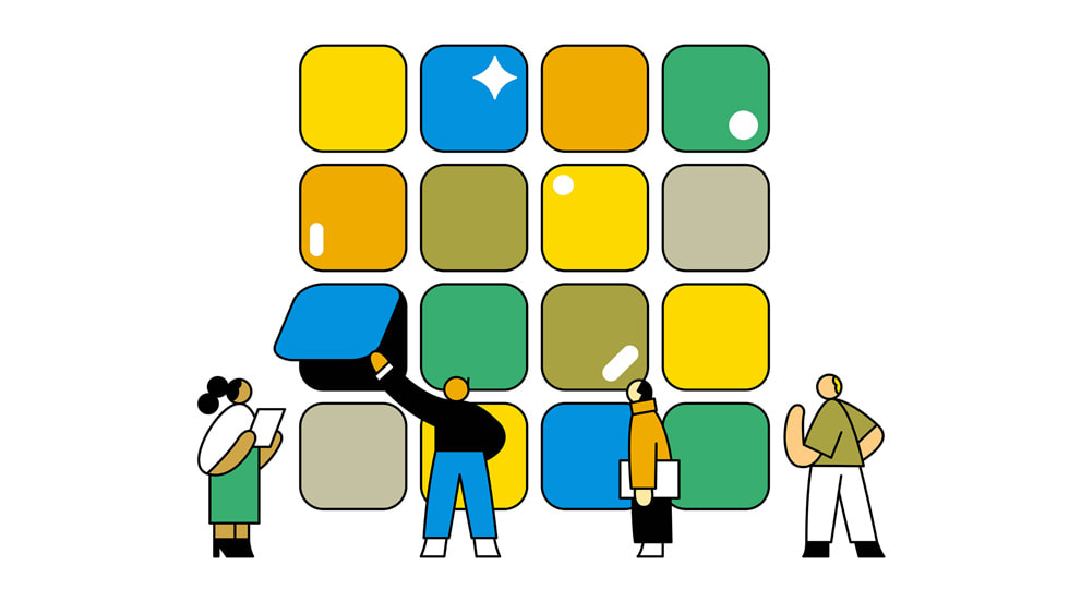Illustration of four people carefully examining the different apps.