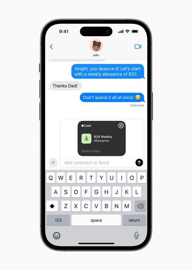 iPhone 14 Pro shows a message being sent notifying Julie about a $20 weekly payment in Apple Cash.