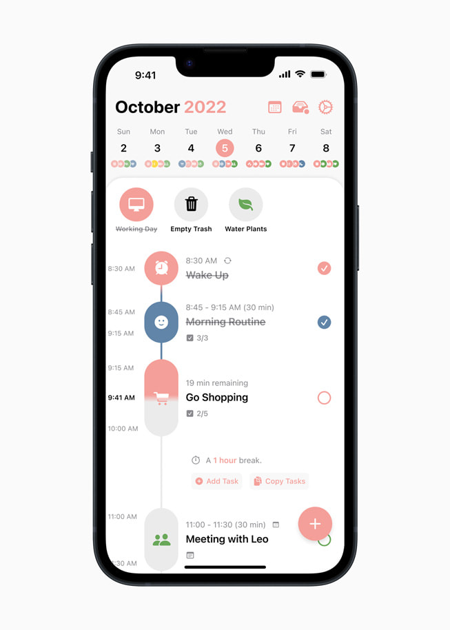 A daily timeline in the Structured app displayed on iPhone 14 Pro. 