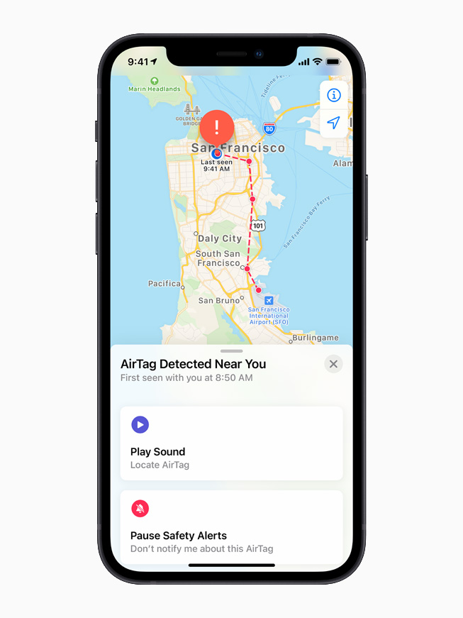 Detection of an unknown AirTag, displayed on iPhone 12.