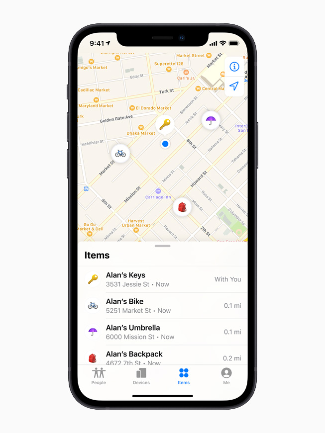 Various items equipped with AirTag are listed in the Items tab in the Find My app, displayed on iPhone 12.