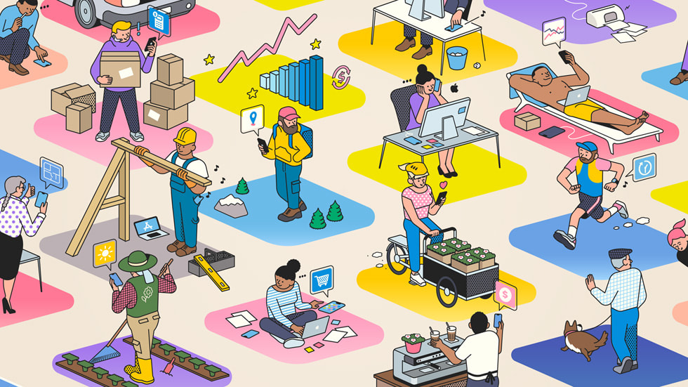Una ilustración que muestra personas usando distintos tipos de apps.