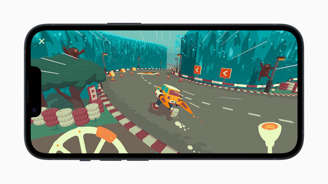 On iPhone 14, a still from the game WHAT THE CAR? shows a flying car on a race track.
