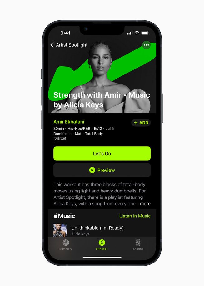 Apple Fitness+ Artist Spotlight series featuring music by Jennifer Lopez on iPhone 13 Pro.