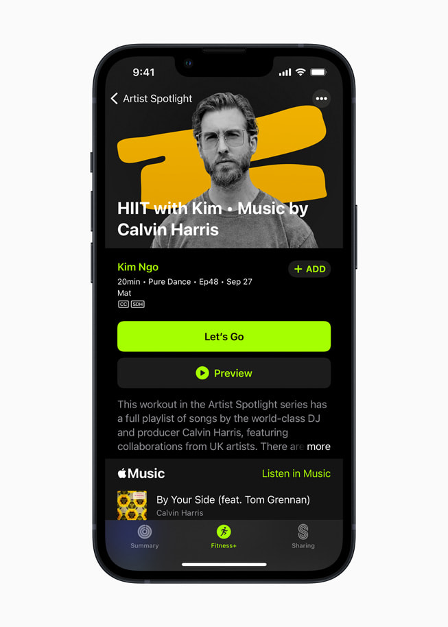 Apple Fitness+ Artist Spotlight series featuring music by Calvin Harris on iPhone 13 Pro.