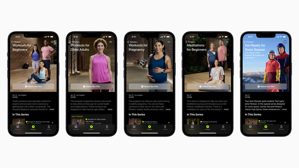 Apple Fitness+ on five iPhone 13 Pro devices featuring custom and tailored workout programmes.