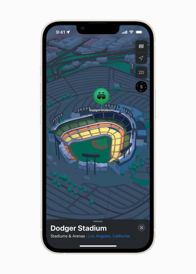 iPhone displays a 3D map of Dodger Stadium in Los Angeles in Apple Maps in iOS 15.