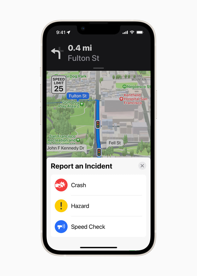 Apple Maps on iPhone shows the ability to report a traffic incident.