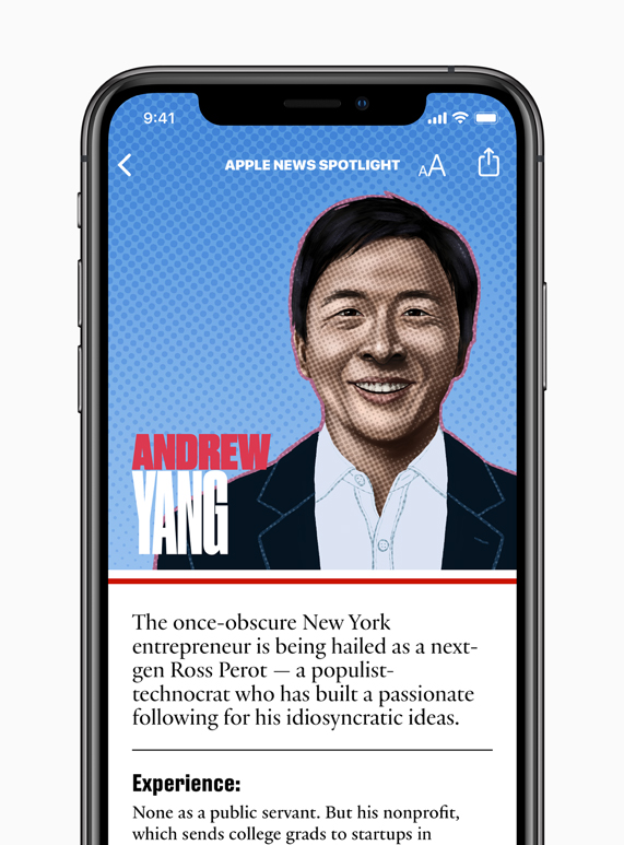 Andrew Yang candidate page on Apple News.
