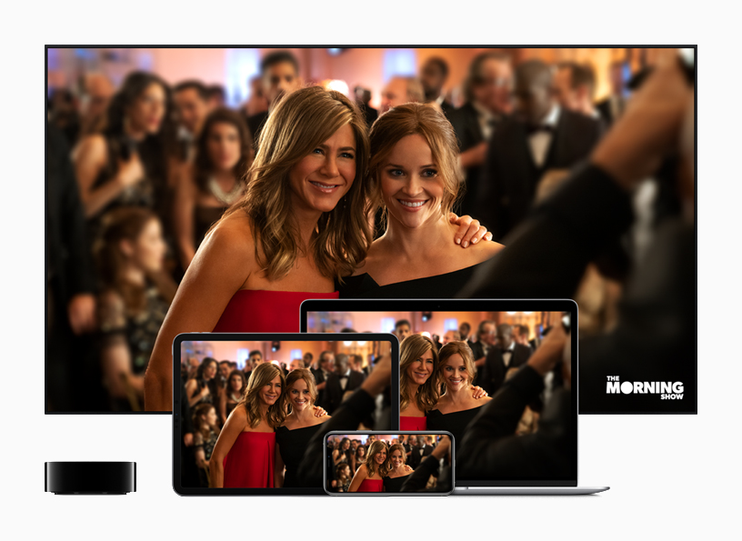 Apple TV next to a TV, iPad, iPhone and Mac displaying “The Morning Show.”