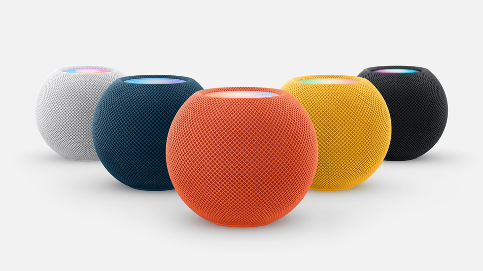 HomePod mini i vitt, blått, orange, gult och rymdgrått.