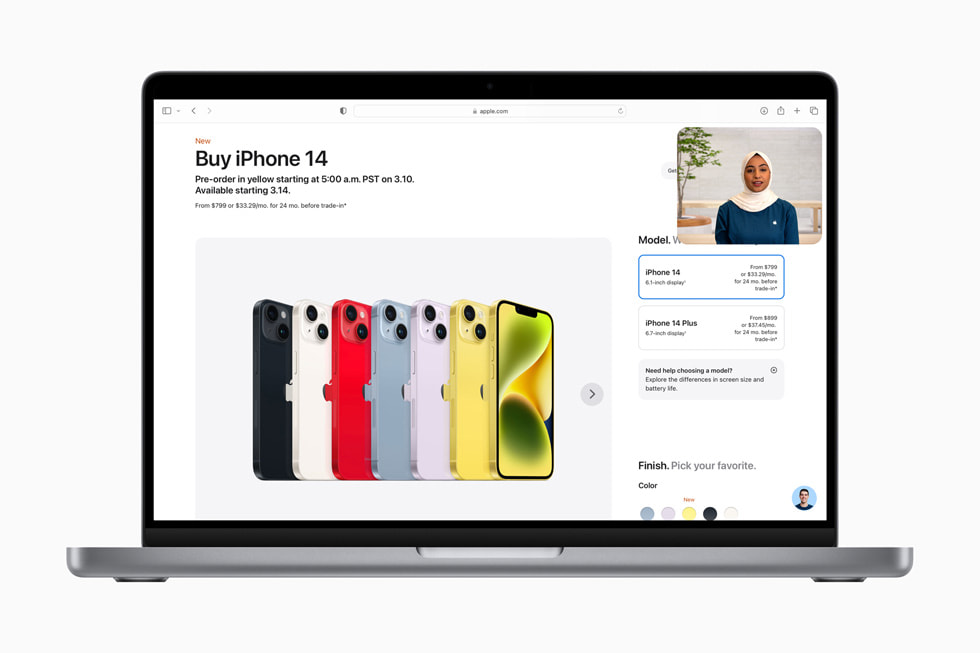 The Shop with a Specialist over Video experience is shown over an [apple.com] (https://applews.online-now.beer) page reading “Compare iPhone models” and showing iPhone 14 Pro Max, iPhone 14 Plus, and iPhone 14.