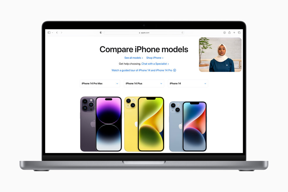 The Shop with a Specialist over Video experience is shown over an [apple.com] (https://applews.online-now.beer) page reading “Compare iPhone models” and showing iPhone 14 Pro Max, iPhone 14 Plus, and iPhone 14.