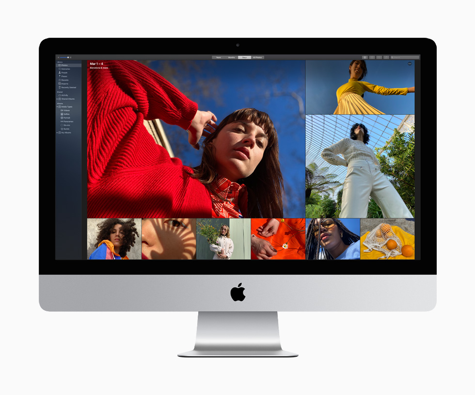 A woman in a red sweater and blouse and another in a yellow top and pleated skirt are among the nine richly colored photographs that demonstrate the vibrant image quality available on the 27-inch iMac.