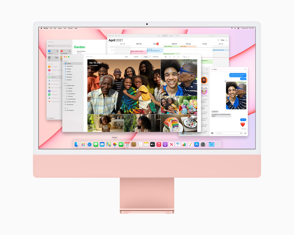 Multiple apps launched onscreen demonstrate the power and performance of M1 and macOS on a pink iMac.
