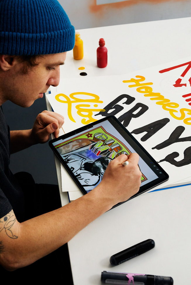 Eric “Efdot” Friedensohn illustrating a Josh Gibson baseball card using Apple Pencil on iPad Pro.
