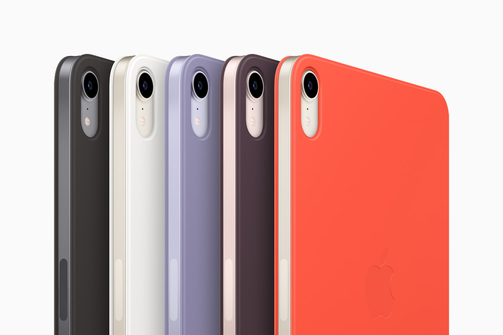 The new Smart Folio for iPad mini in black, white, dark cherry, English lavender, and electric orange.