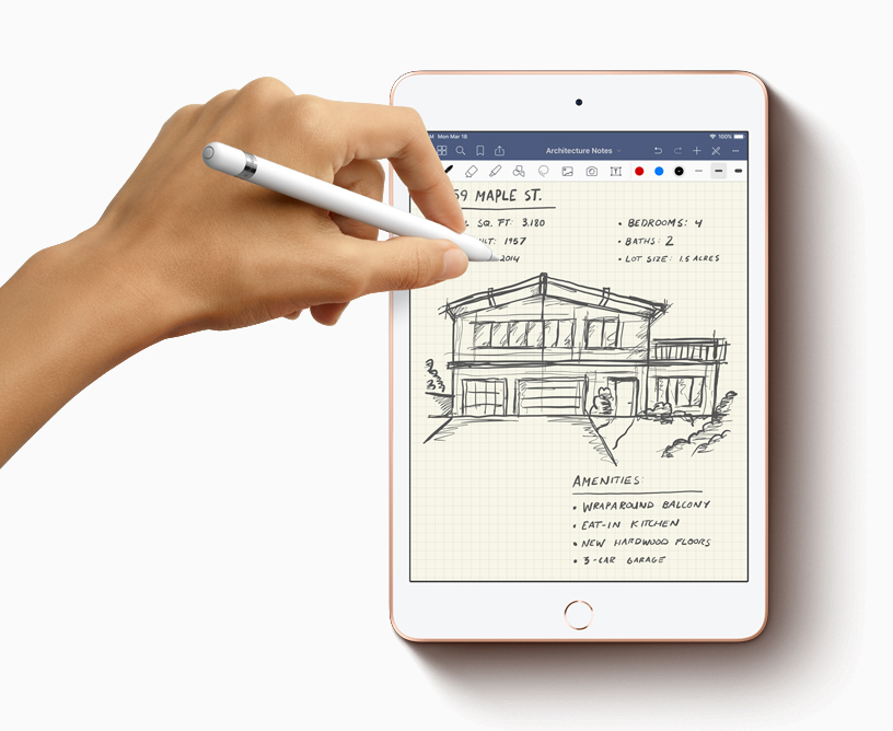 iPad mini with Apple Pencil draft architecture notes.