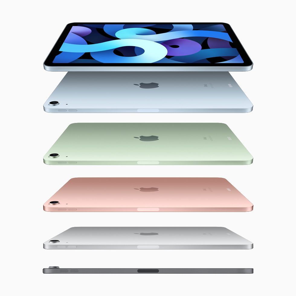 iPad Air in sky blue, green, rose gold, silver, and space gray.