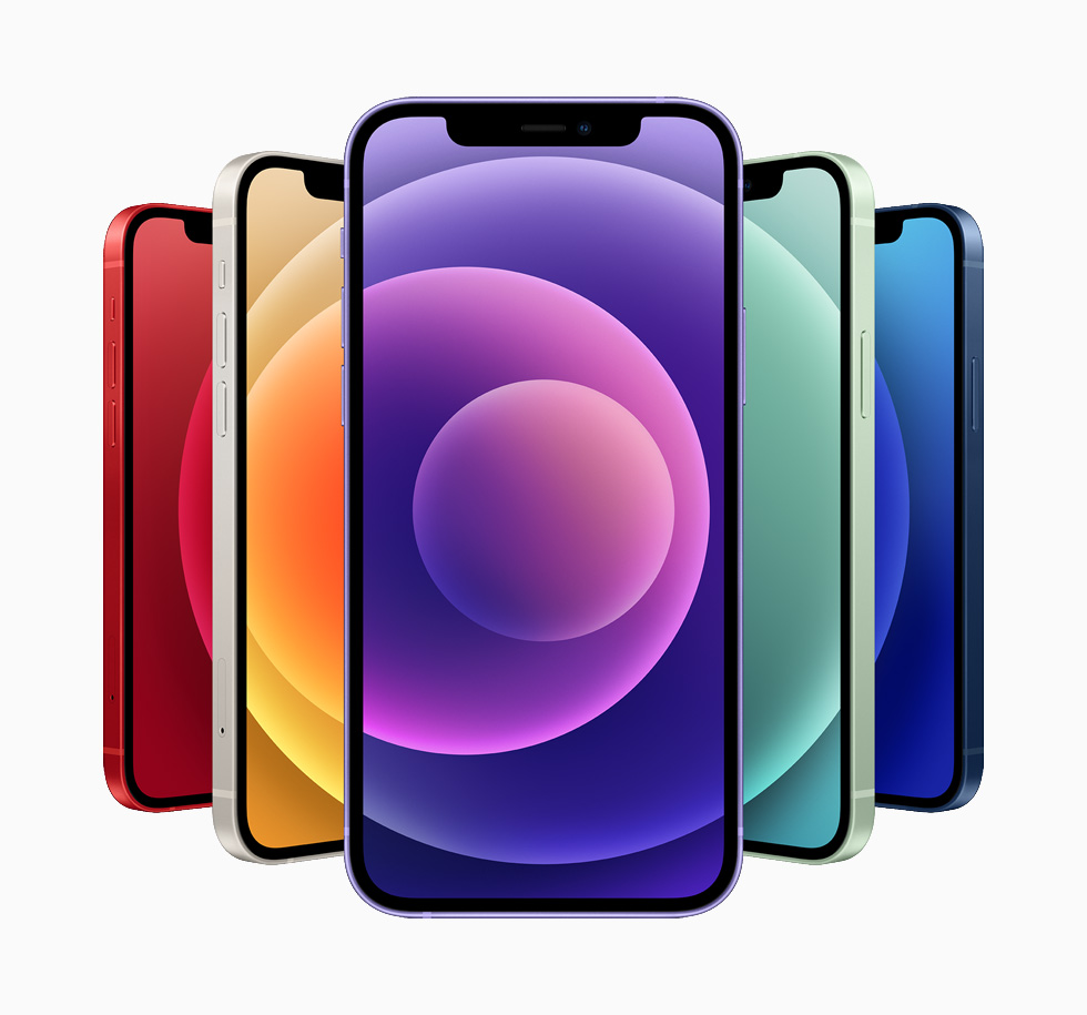 The iPhone 12 and iPhone 12 mini in blue, green, white, (PRODUCT)RED, and purple.