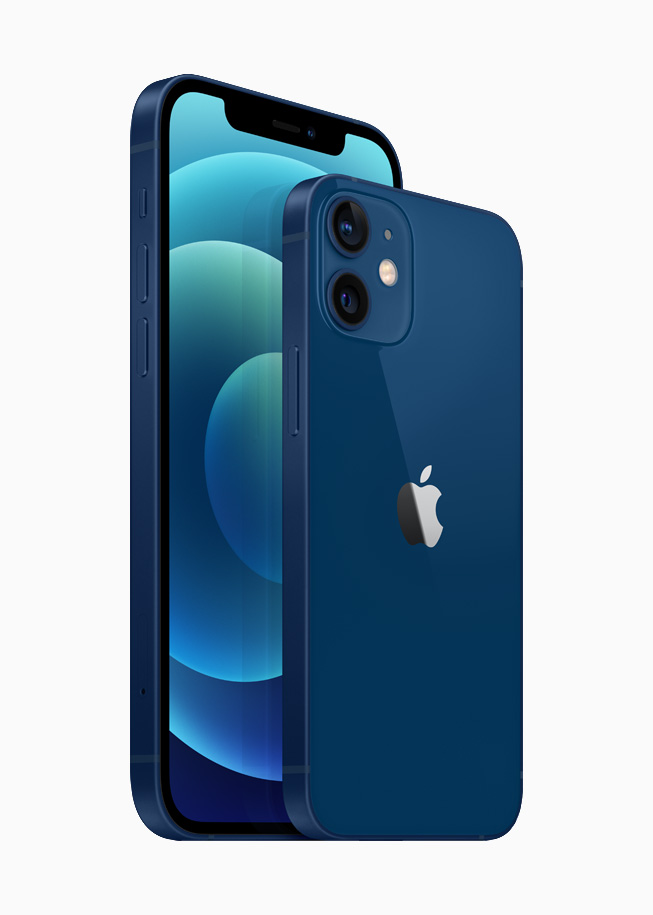 iPhone 12 e iPhone 12 mini con finitura alluminio blu.