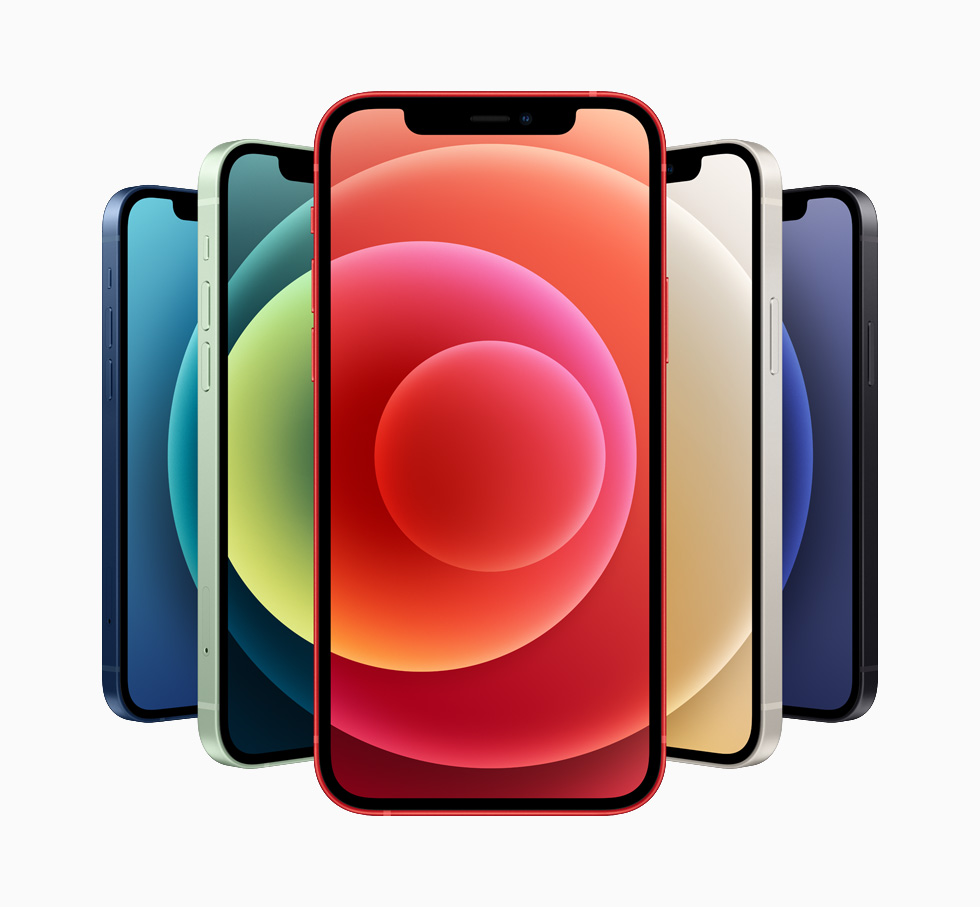 iPhone 12 con finitura alluminio in blu, rosso, bianco, verde e nero.