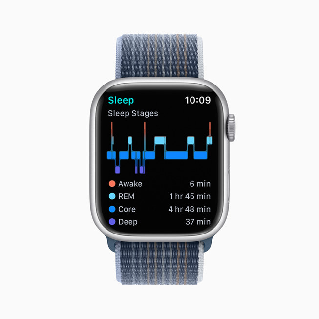 Apple Watch Series 8 viser søvnstadier, inklusive tid i vågen tilstand, i REM-søvn, Let søvn og Dyb søvn.