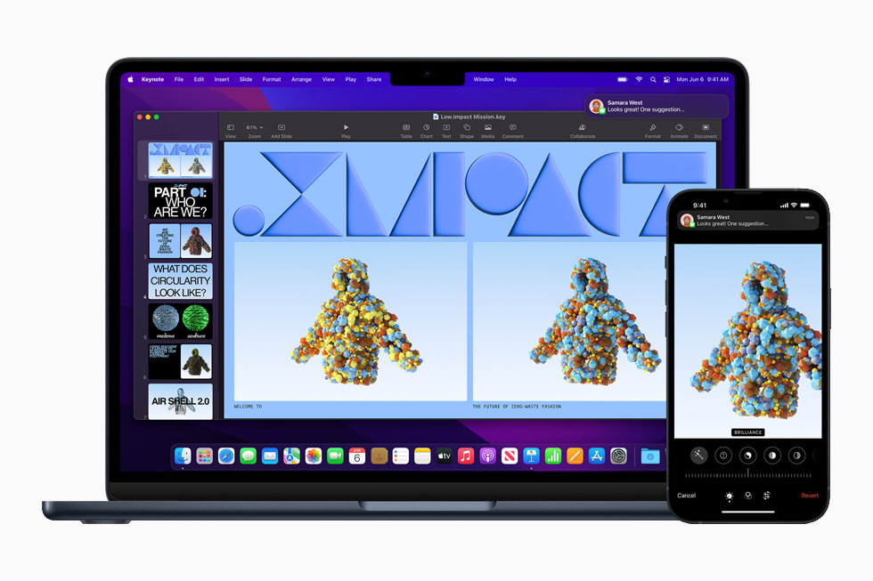MacBook Air in midnight using Continuity on macOS to work across iPhone 13 in midnight.