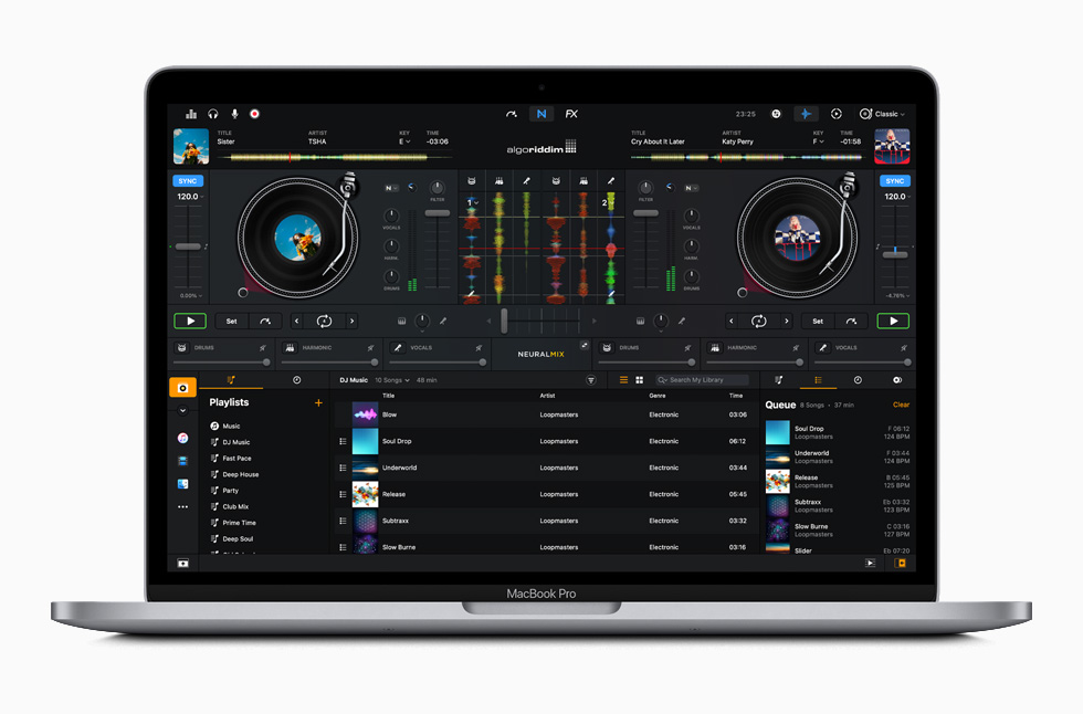 The djay Pro app is displayed on MacBook Pro.