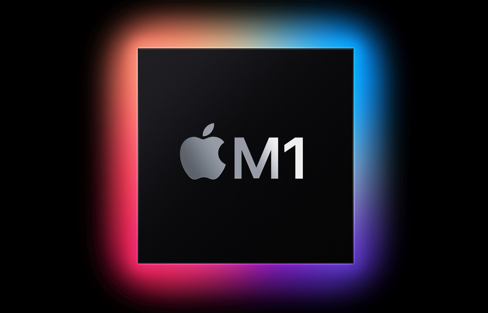 A glowing black square imprinted with the Apple logo and “M1”. 