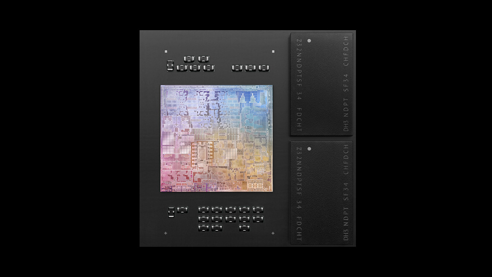 A top view of M1 reveals the system on a chip’s intricate circuitry.