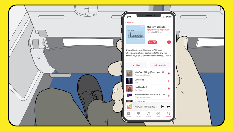 An illustration of a passenger looking at Apple Music on iPhone.