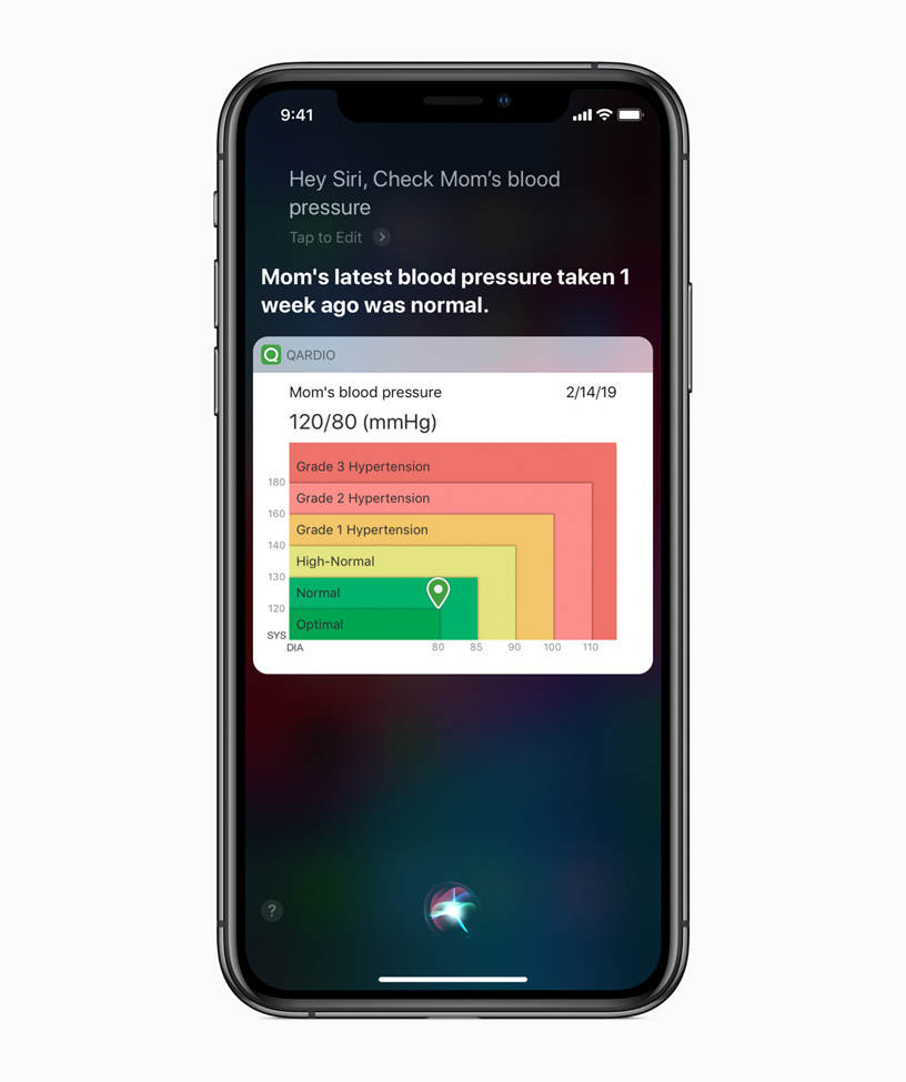 The Qardio app showing a blood pressure reading on iPhone.