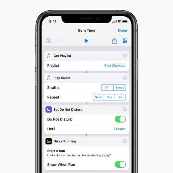A Gym Time multi-step shortcut screen on iPhone.