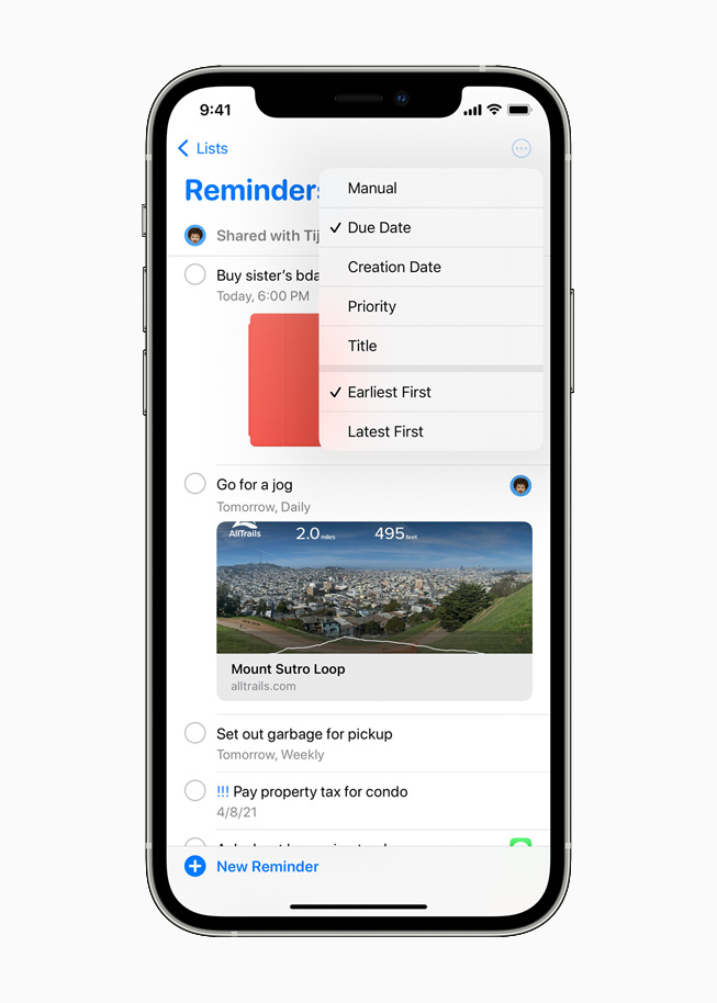 Reminders in iOS 14.5 on iPhone 12 Pro.