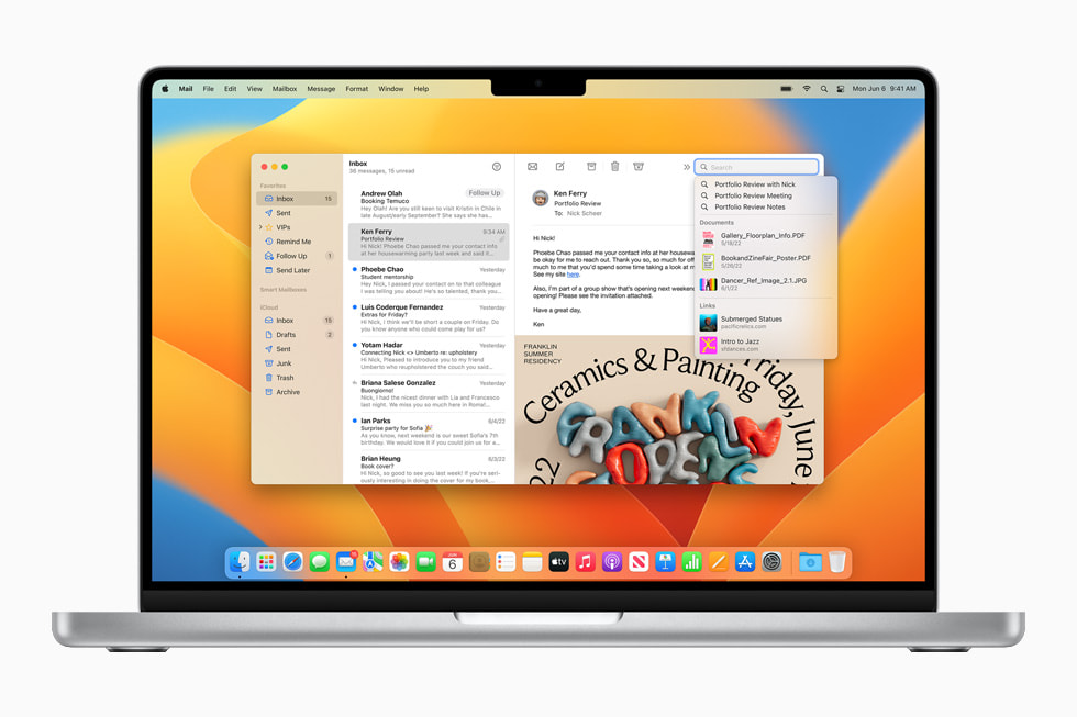 The new search results in Mail displayed on MacBook Pro.