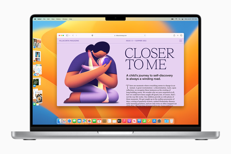 The new Stage Manager feature stacking several app windows to the left of the Safari window on the 14-inch MacBook Pro.
