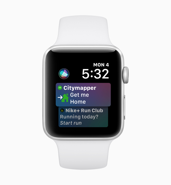 Apple Watch screen displaying third-party content from Siri Citymapper and Nike+ Run Club