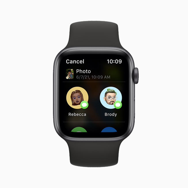 A photo is shared through Messages using the new Share Sheet on Apple Watch Series 6.