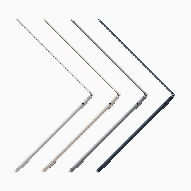 Side view of MacBook Air in silver, starlight, space gray, and midnight.