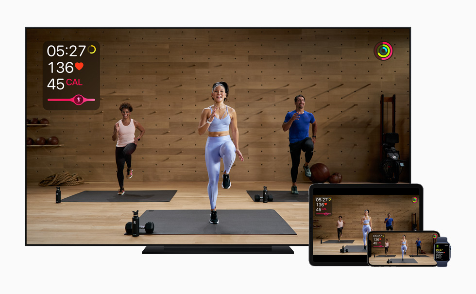 Apple Fitness+ on iPhone, iPad, Apple Watch and the TV app.