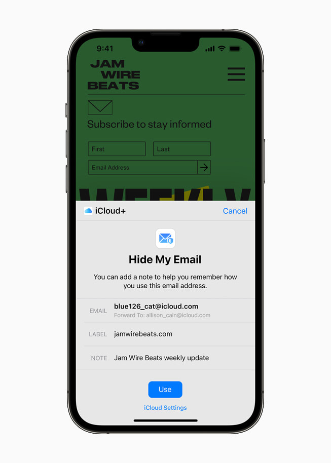 Recurso Ocultar Meu E-mail do iCloud+, mostrado no iPhone 13 Pro.