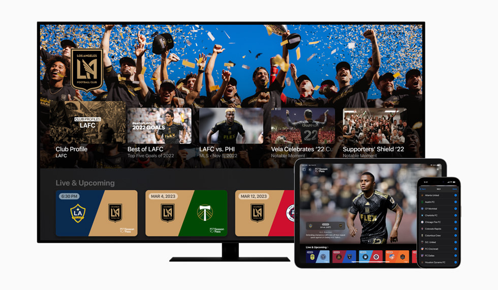 MLS Season Pass on the Apple TV app featuring Los Angeles FC on a smart TV, iPad Pro, and iPhone 14 Pro.