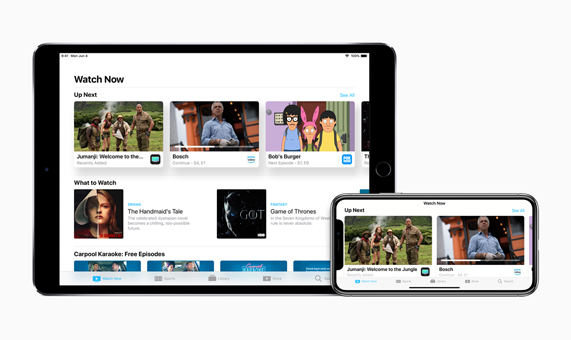 Image of the Watch Now app on an iPad and an iPhone X