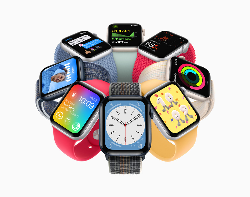 8 Apple Watch SE devices displaying new watchOS 9 features.