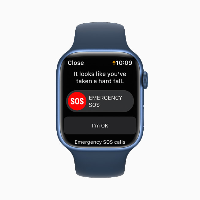 Apple Watch Series 7 shows a Fall Detection alert asking the wearer if they’ve taken a hard fall and offering to make an emergency SOS call.