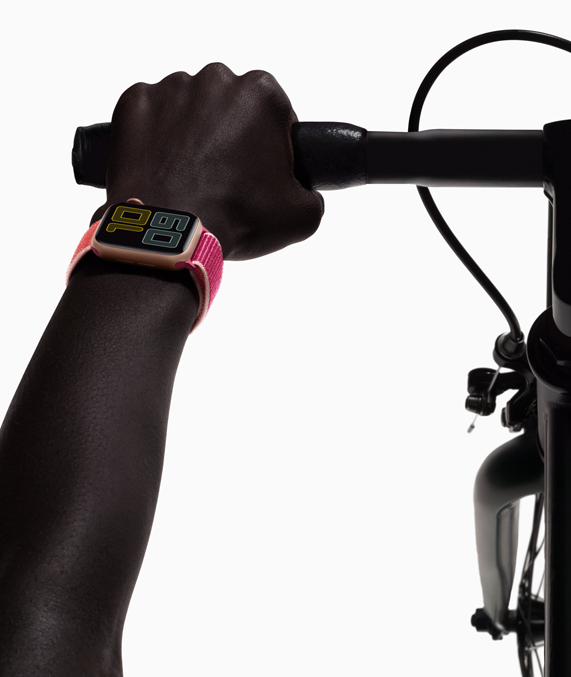 Apple Watch Series 5 on a cyclist’s wrist.