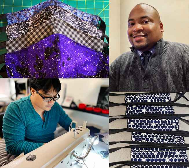 Photo grid featuring Anthony Garrett-Leverett, Joe Cayao, and samples of the masks they produced with The Parade Company.