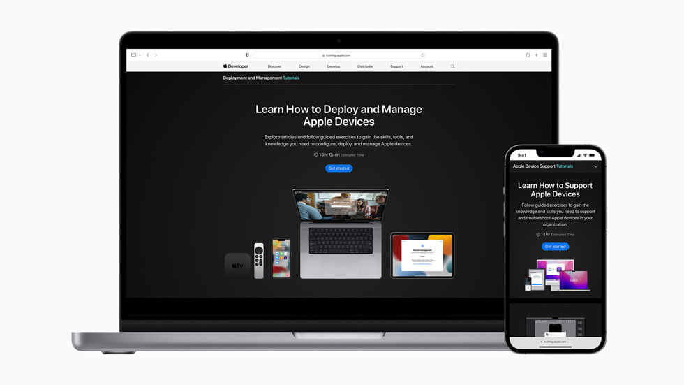 MacBook and iPhone screens show Apple’s updated professional training and certifications for IT support and management.
