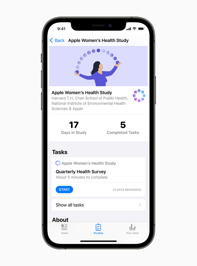 The Apple Women’s Health Study, displayed on iPhone 12.